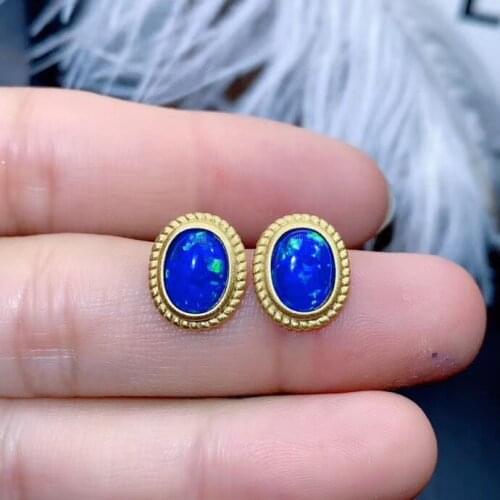New Comign Blue Opal earring Natural real Blue opal 925 sterling silverFine jewelry Gem 6*8mm