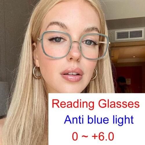 Transparent Green Reading Magnifier Glasses Women Fashion Big Square Eyeglasses Prescription Glasses Plus +1.5 +4 +6 Computer