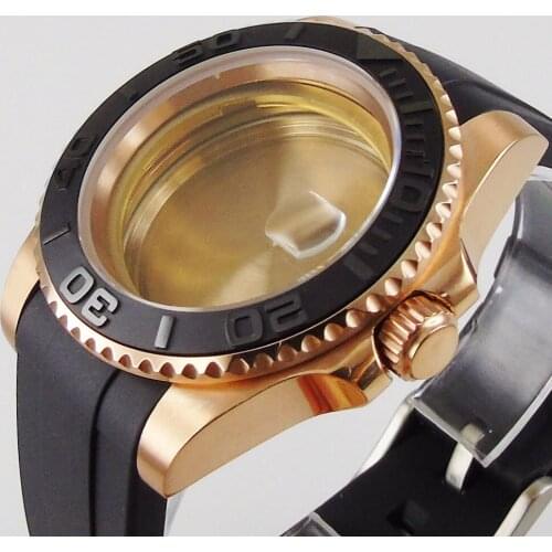 Watch Parts Full Rose Gold Coated Watch Case for NH35 ETA 2836 MIYOTA 8215 8205 821A Rubber Band Brushed Insert Sapphire Crystal