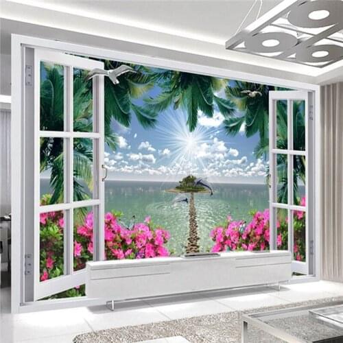 Self-Adhesive Wallpaper 3D Window Coconut Tree Seascape Red Flower Stone Path Photo Wall Murals Living Room Dining Room Stickers