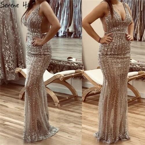 Silver Luxury Deep-V Sexy Prom Dresses 2020 Backless Sequined Diamond Mermaid Party Gowns Serene Hill BLA70228