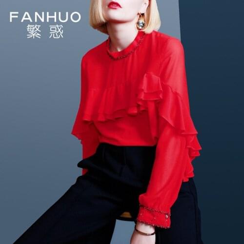 2021 spring dress new style pin bead chiffon shirt long sleeve blouse with ruffle shirt and backing shirt