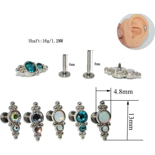 1PC Surgical Steel Opal Trio Star CZ Gem Internally Threaded Lobe Lip Stud 16g G23 Labret Ear Cartilage Tragus Helix Piercing