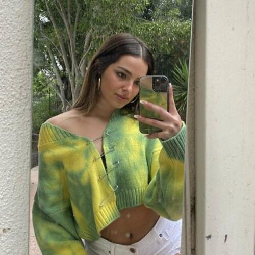 Autumn New Women Tie Dye Sweaters Vintage Yellow Green Pullovers Jumper Fashion Sweatershirt Brooch Casual Cardigan Sweater