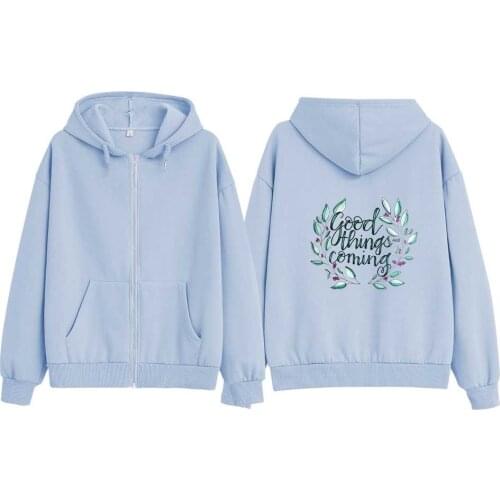 Korean Zip Up Hoodie Floral Women Zipper Hooded Sweatshirt Winter Clothes Women Long Sleeve Top Cotton Plus Size Vintage Jacket