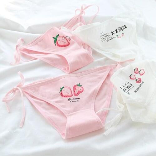 Womens Underwear Adjustable Low-waisted Lolita Style Lacing Up 1Pcs Students Panties Sexy Cotton Strawberry Printing
