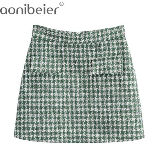 Aonibeier Tweed Woolen Checked A-Line Package Hip Skirt Autumn Spring Fashion High Waist Zipper Women Casual Plaid Mini Skirt
