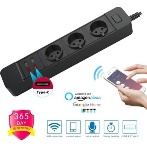 Wifi 3 EU Smart Power Strip 3 Outlets Socket 2 USB 2 Type-c 3.0A Quick Charge Voice Control for Alexa Google Assistant