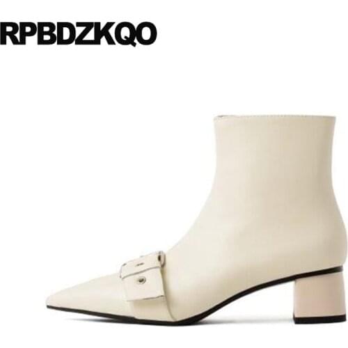 2019 Chunky Women Ankle Boots Medium Heel Shoes Fur Pointed Toe Short Autumn Winter Beige Luxury Belts Block Genuine Leather Mid