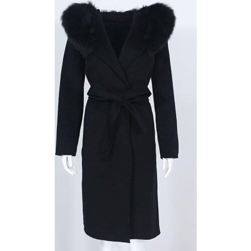 MENINA BONITA Real Fur Coat Winter Jacket Women Natural Fox Fur Collar Hooded Cashmere Wool Blends Long Outerwear Streetwear