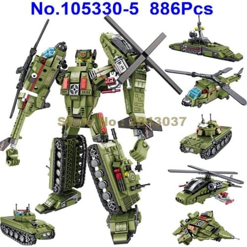 105330-5 886pcs 6in1 Military Deformation Robot Helicopter Tank Fighter Submarine Building Blocks Toy