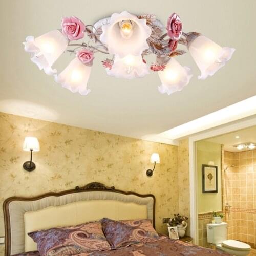 American ceiling lamp living room lamp iron rose flower wedding bedroom room romantic warm flower and grass lamp kids LED lights