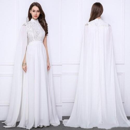 2020 High Neck White Chiffon Evening Dresses Capped Wrap Top Lace Saudi Arabia Prom Party Dress Long Formal Gowns