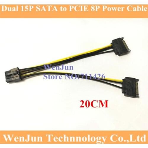Free Shipping dual 15pin SATA male to 8pin(6+2) PCI-E Power Supply Cable Cable 20cm SATA Cable 15-pin to 8 pin cable