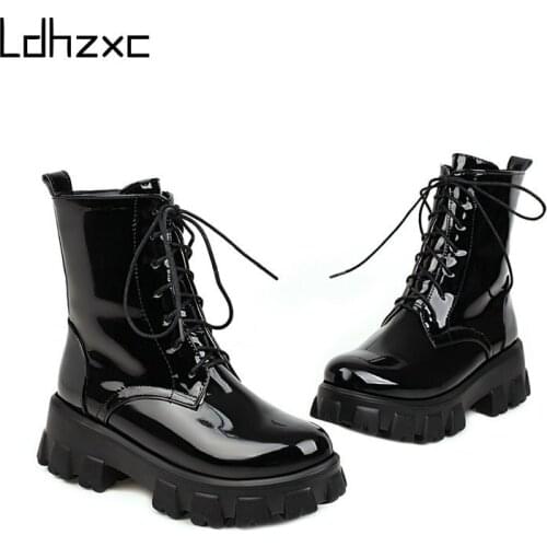 LDHZXC Autumn Women Ankle Boots Pu Leather Fashion Zip Thick Platform Heels Round Toe Platform Ladies Shoes Punk Big Size