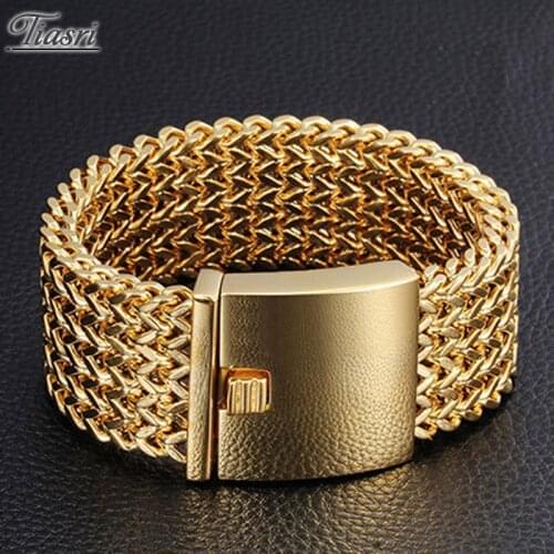 Tiasri Gold Silver Color 316L Stainless Steel 30mm Width Cool Mens Figaro Chain Bracelet 9" Friends Gift Male Jewelry Wholesale
