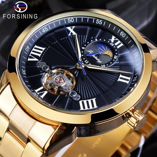Forsining Brand Mens Mechanical Watch Tourbillon Royal Moonphase Clock Quality Golden Steel Wristwatches Masculino Relogio Saat