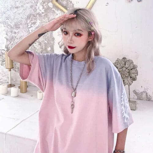 Gradient dyed T-shirt KOL short sleeve Men Women student Korean loose T-shirt 2021 new fashion lovers hip hop top streetwear