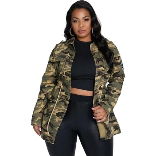 Camouflage Jackets Women Plus Size 5xl Long Sleeve Drawstring Camo Military Outwear Coat Rivet Stamp Female