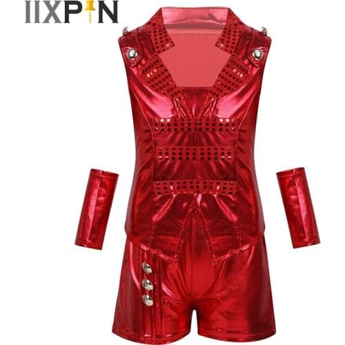 IIXPIN Kids Hip hop Costume Boys Girls Jazz Dance Costume Outfits Shiny Metallic Sleeveless cheerleader costume kids Dancewear