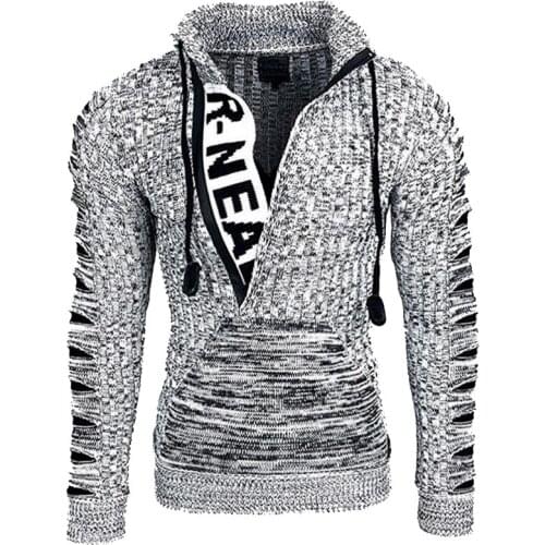 Fashion Retro Mens Sweaters Warm Knit Loose Plus Size Long Sleeve Hole Design Pullover Sweater Jacket