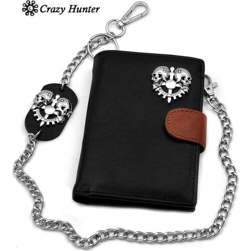 Skull Concho Men Snap Real Leather Wallet Purse with Jean keychain