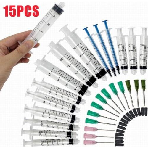 15pcs Syringes Set Blunt Tip Needle with Caps Luer Slip Syringe Glue Applicator 14/16/20GA Refilling and Measuring Tool Parts