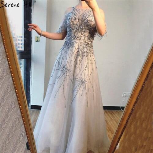 Real Photo Silver A-Line Sexy Prom Dresses 2020 Dubai Sleeveless Crystal Prom Gowns Serene Hill BLA70172