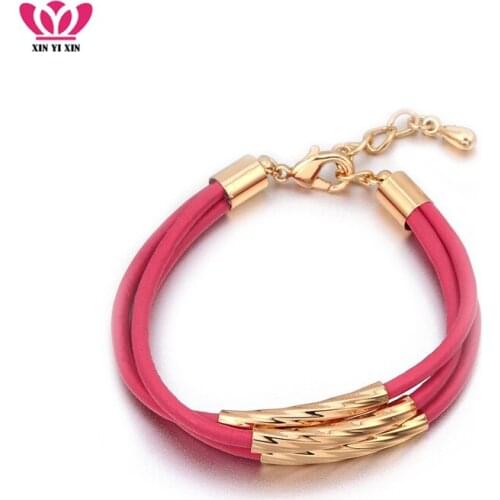 New Fashion Punk Copper Charms Leather Rope Bracelets For Women Girl Jewelry Rose Gold Fuchsia Rope Pulseras Pulseira Bileklik