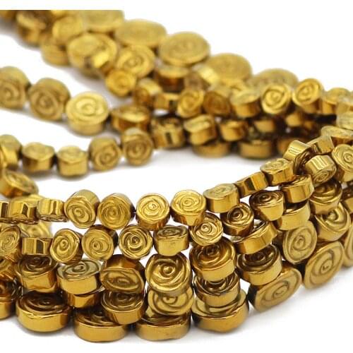 6/8/10MM Gold Rose Flower Shape Natural Hematite Stone Spacer Flat Round Loose Beads For Jewelry Making DIY Bracelet Findings