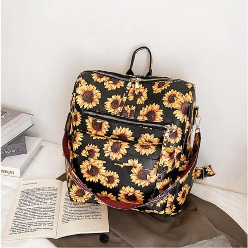Women PU Backpack Floral Large Capacity Bag Sunflower Plaid Backpack Casual School Bag For Girls