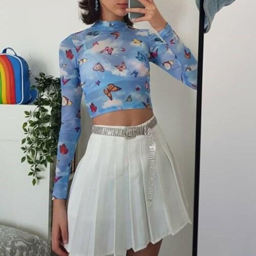 Sexy Womens See through Lace Mesh Sheer Long Sleeve Crop Top butterfly Print High Neck Tops