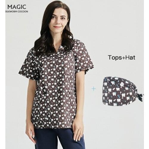 Women Short Sleeve Beauty Uniform V-neck Personality Teeth Print Scrubs Tops Spa Uniform Health Worker Working Pants Scrub Shirt