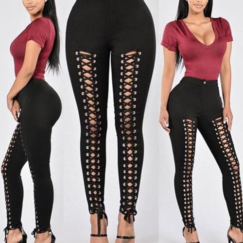 60%HOT Fashion Women High Waist Pencil Leggings Stretchy Bandage Hollowed out Pants