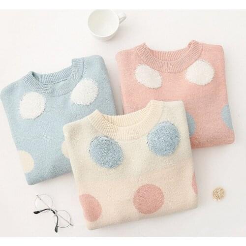 Women Casual Sweater 2020 Korean Style Stitching Color Polk Dot Knit O-Neck Loose Fluffy Casual Pullovers Top 5A005