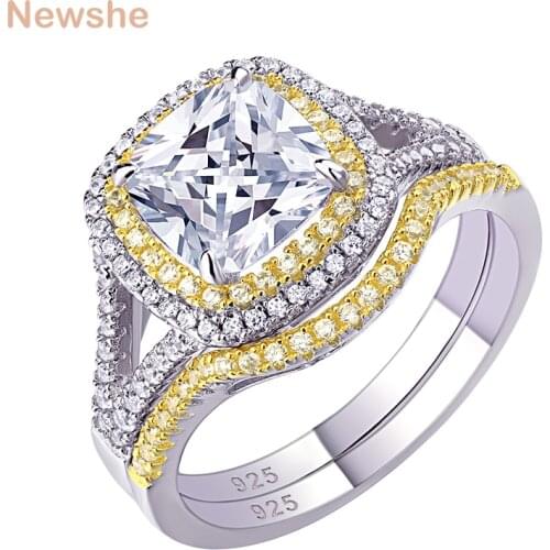 Newshe 925 Sterling Silver Halo Yellow Gold Color Engagement Ring Wedding Band Bridal Set For Women 1.8Ct Cushion Cut AAA Zircon
