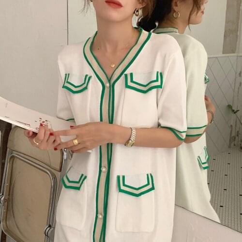 Striped Knitted Summer Dress Women V-Neck Single Breasted Shirts Dress Short Sleeve Elegant Vintage Mini Dress Thin Pockets