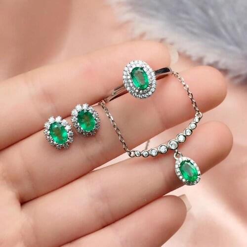 100% Natural and Real set Natural Real Emerald 925 sterling silver 1pc Emerald pendant,1pc Emerald ring,2pcs Emerald Earring