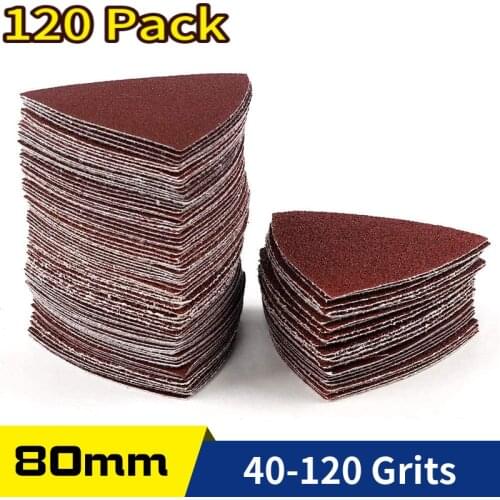 120Pcs 80*80MM Triangular Hook and Loop Multitool Sandpaper for Wood Sanding Fit 3-1/8 Inch Oscillating Multi Tool Sanding Pad