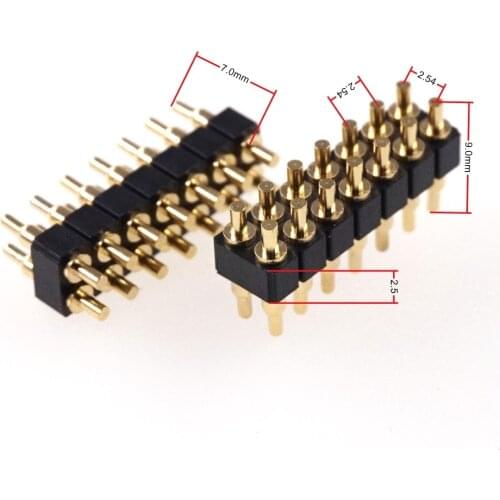 2pcs Spring Loaded Pogo Pin Connector 14 Pin 7.0 mm Height PCB Through Holes Dual Row 2.54 mm Pitch 2x7 Position Gold Plated DIP