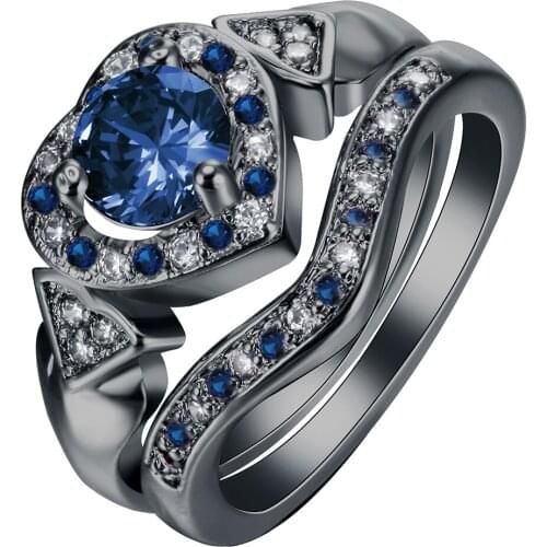 2pc heart new and hot jewelry romantic engagement jewelry paved white blue cz Bague drop shipping women luxury rings sets