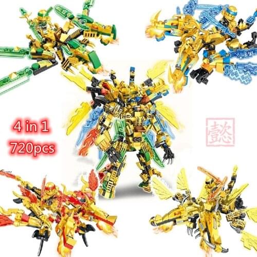 4 Types In 1 Ninja Dragon Assembly Warrior Robot Model Figures Building Blocks Kids Toys Bricks Doll Gift for Children Boys