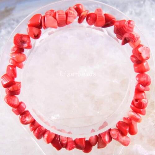 Fashion Jewelry Gift Bangle For Women Natural Red Sea Coral Stone Chip Beads Cord Stretch Bracelet 8" 1Pcs H1417
