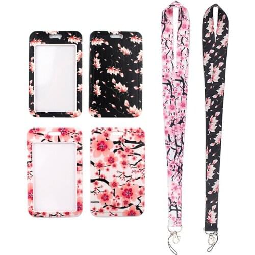 MD666 DMLSKY Cartoon Cherry blossoms Lanyard Keychain keys Badge ID Mobile Phone Rope Kids Gifts Lanyard With Card Holder Cover