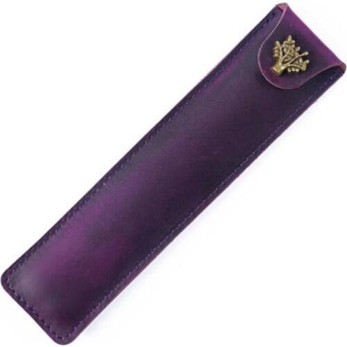 Genuine Leather Pen Pouch Holder Single Pencil Bag Pen Case with Snap Button for Rollerball Fountain Ballpoint Pen-Purple