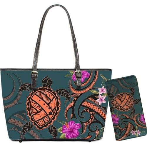 Hawaii Leather Handbags Set Polynesian Large Leather Shoulder Bag 2pcs Set Polynesian Samoa Plumeria Flower 3D Elegant Sac 2021