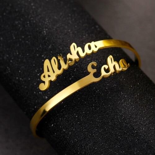 Customized Personalized Adjustable Couples Name Stainless Steel Gold Silver Color Bracelets for Women Custom Nameplate Bangle