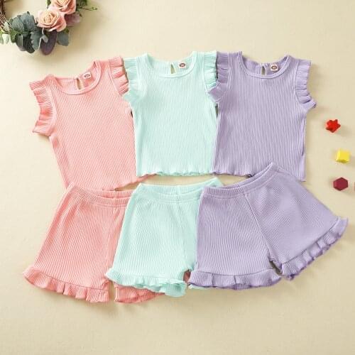 2021 Summer Kids Ribbed Clothes Set Girls Short Sleeve Tops + Pants Children Outfits Casual Toddler Clothing 12M To 6 Years