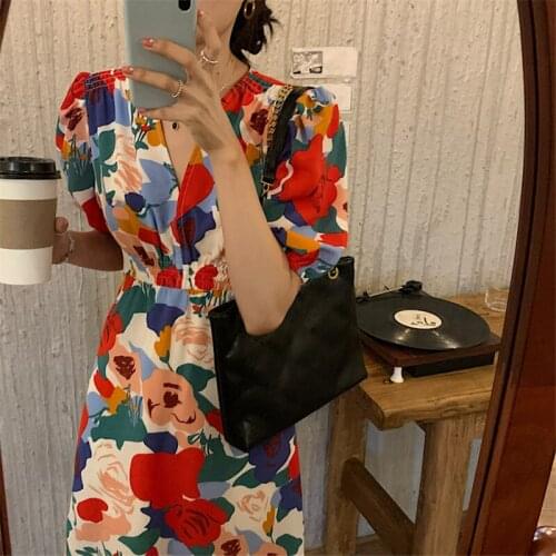 Korean V-Neck One-Piece Summer Dress 2021 New Fashion Floral Chiffon Long Dress Elegant Ladies A-Line Casual Dress WomenS Dress