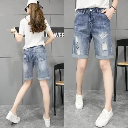 Summer New Denim Shorts Female Students Korean Hole Loose Denim Five-Point Pants High Waist Large Size Straight Leg Jeans Pants